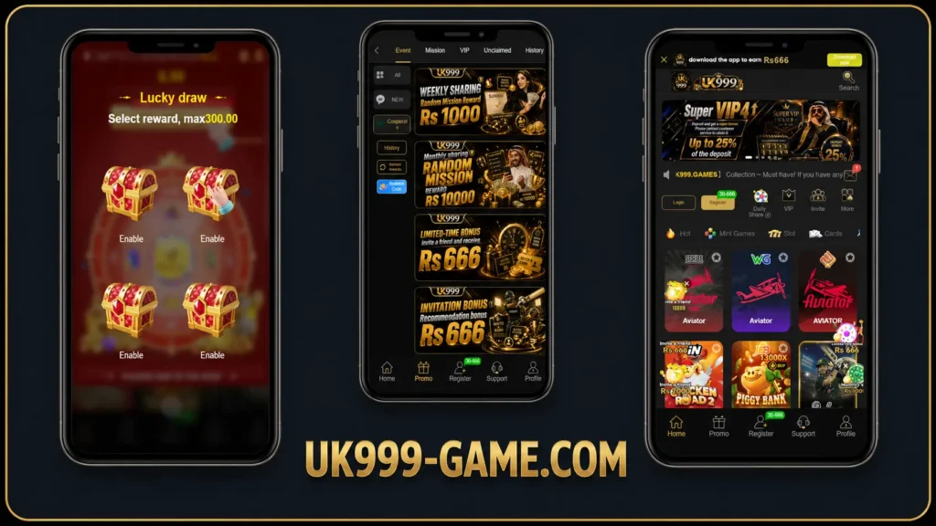 UK999 Game app showing lucky draw, promotional rewards, and casino games