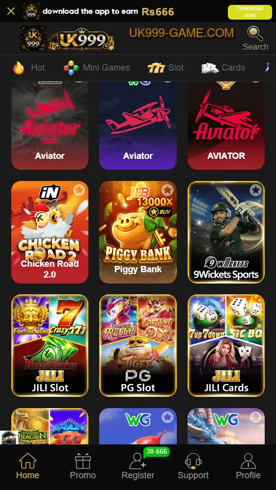 UK999 Game home screen with Aviator, slots, cards and mini-games