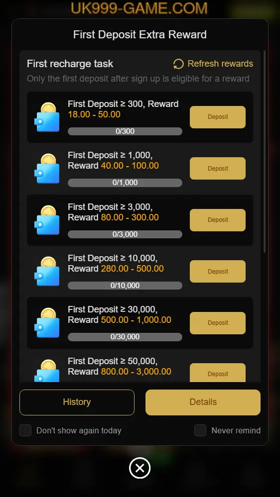 UK999 Game first deposit rewards from Rs18 to Rs3000