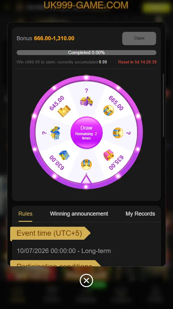 UK999 Game invitation wheel rules and rewards from Rs666 to Rs1310