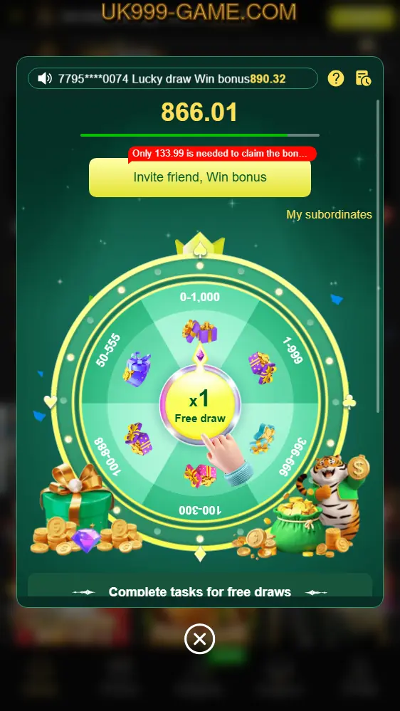 UK999 Game referral lucky wheel with rewards up to Rs1000