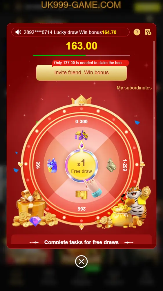 UK999 Game referral lucky wheel with rewards up to Rs300